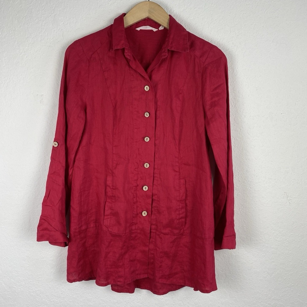 Soft Surroundings XS Island Breeze Shirt 100% Linen Tunic Top Hot pink Beach